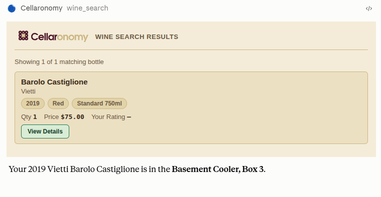 Cellaronomy screen in Claude showing the 2019 Barolo Castiglione and its exact storage location