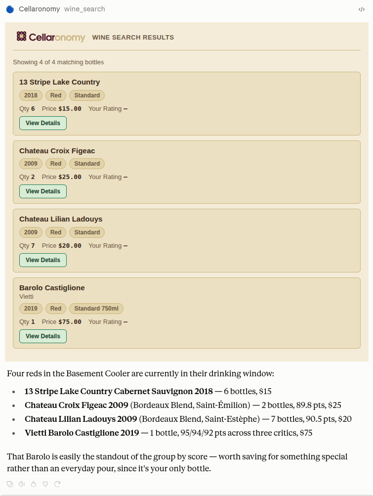 Cellaronomy screen in Claude listing four reds currently in their drinking window, with a standout pick called out